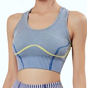 Seamless Striped Blue & Yellow Ribbed Racerback Sports Bra